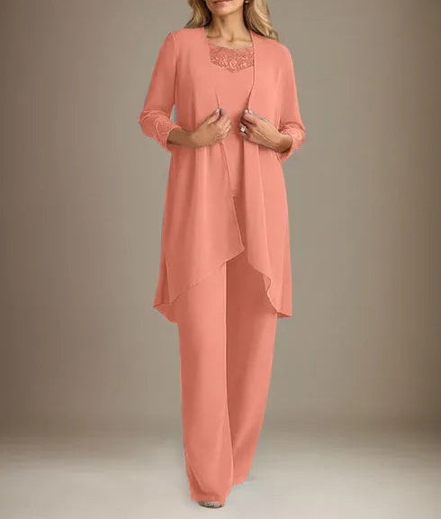 Chiffon Scoop Long Sleeves Mother Of The Bride Pantsuits With Jacket