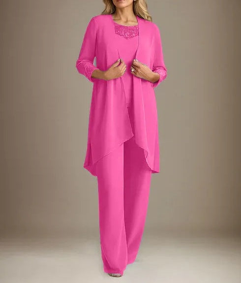 Chiffon Scoop Long Sleeves Mother Of The Bride Pantsuits With Jacket