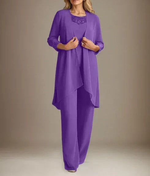 Chiffon Scoop Long Sleeves Mother Of The Bride Pantsuits With Jacket