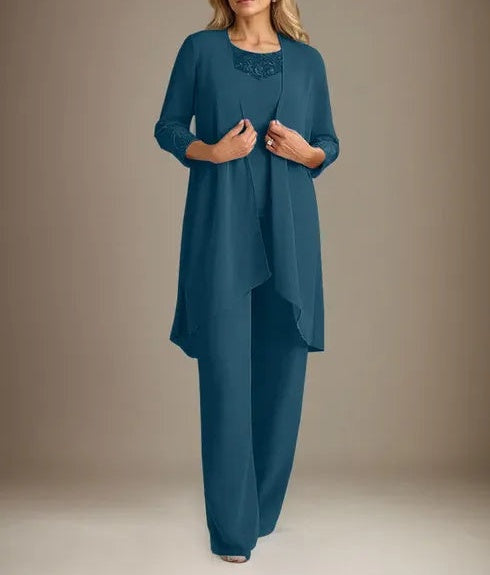 Chiffon Scoop Long Sleeves Mother Of The Bride Pantsuits With Jacket
