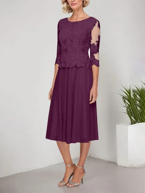 A-line Scoop Tea-Length Lace Chiffon Mother of the Bride Dress With Embroidery