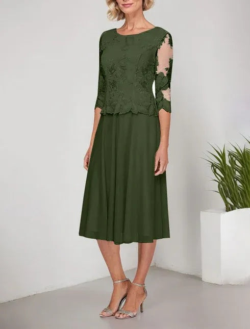 A-line Scoop Tea-Length Lace Chiffon Mother of the Bride Dress With Embroidery