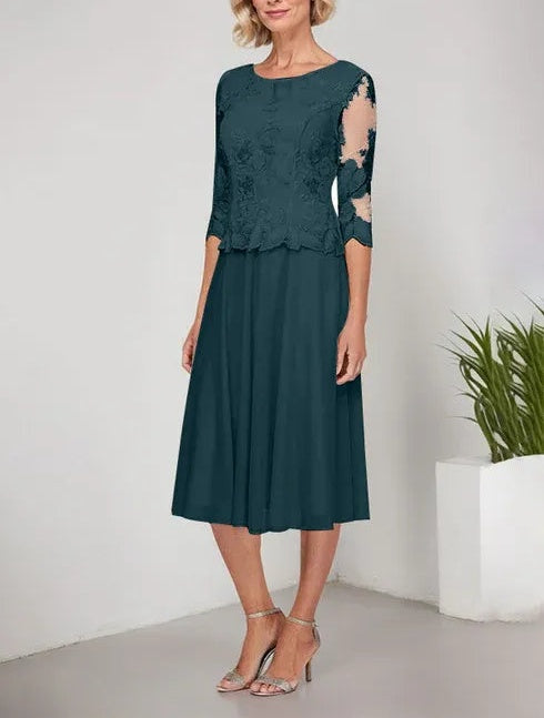 A-line Scoop Tea-Length Lace Chiffon Mother of the Bride Dress With Embroidery