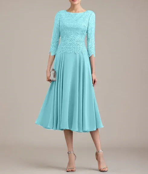 A-line Scoop Tea-Length Lace Chiffon Mother of the Bride Dress