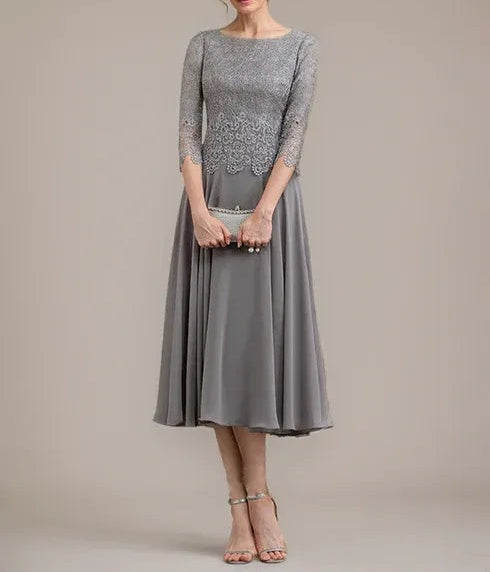 A-line Scoop Tea-Length Lace Chiffon Mother of the Bride Dress