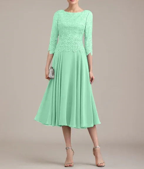 A-line Scoop Tea-Length Lace Chiffon Mother of the Bride Dress