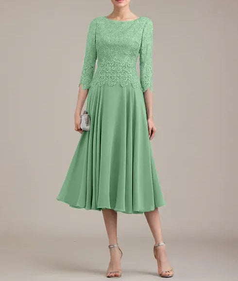 A-line Scoop Tea-Length Lace Chiffon Mother of the Bride Dress