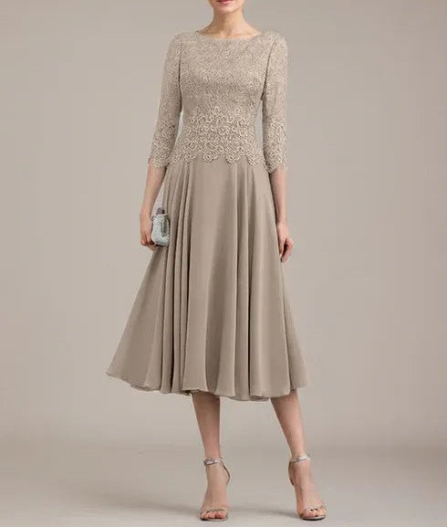 A-line Scoop Tea-Length Lace Chiffon Mother of the Bride Dress