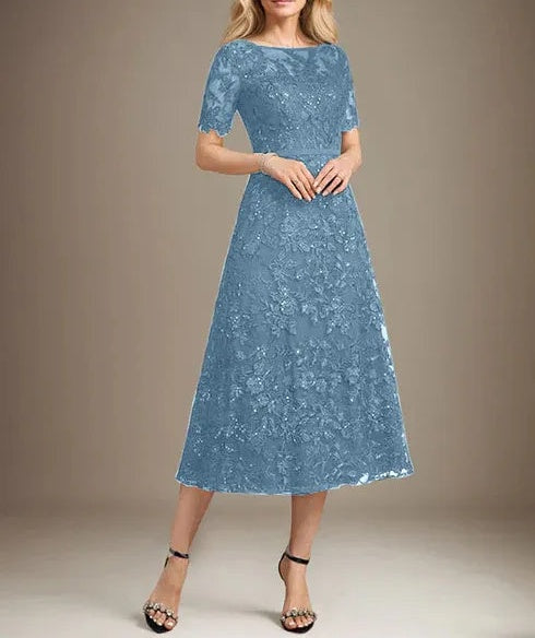 A-line Scoop Illusion Tea-Length Lace Mother of the Bride Dress With Sequins