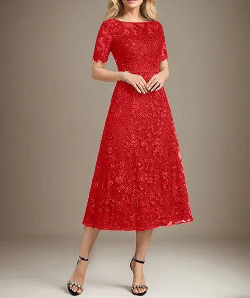 A-line Scoop Illusion Tea-Length Lace Mother of the Bride Dress With Sequins