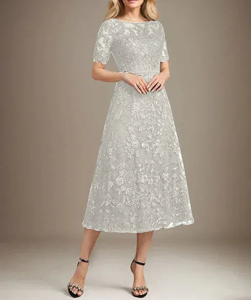 A-line Scoop Illusion Tea-Length Lace Mother of the Bride Dress With Sequins