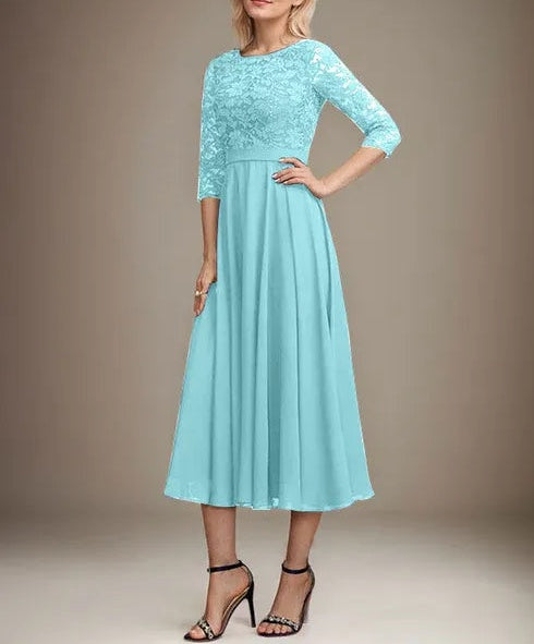A-line Scoop Tea-Length Lace Chiffon Mother of the Bride Dress With Sequins