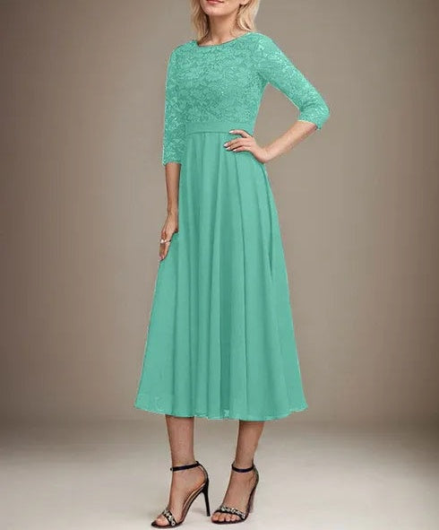 A-line Scoop Tea-Length Lace Chiffon Mother of the Bride Dress With Sequins