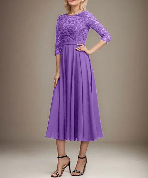 A-line Scoop Tea-Length Lace Chiffon Mother of the Bride Dress With Sequins