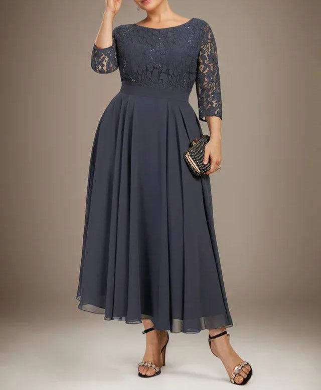 A-line Scoop Tea-Length Lace Chiffon Mother of the Bride Dress With Sequins