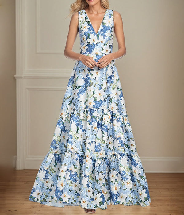 A-Line V-Neck Sleeveless Azure Floral Mother of the Bride Dress