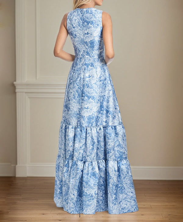 A-Line V-Neck Light Bue Floral Satin Mother of the Bride Dress