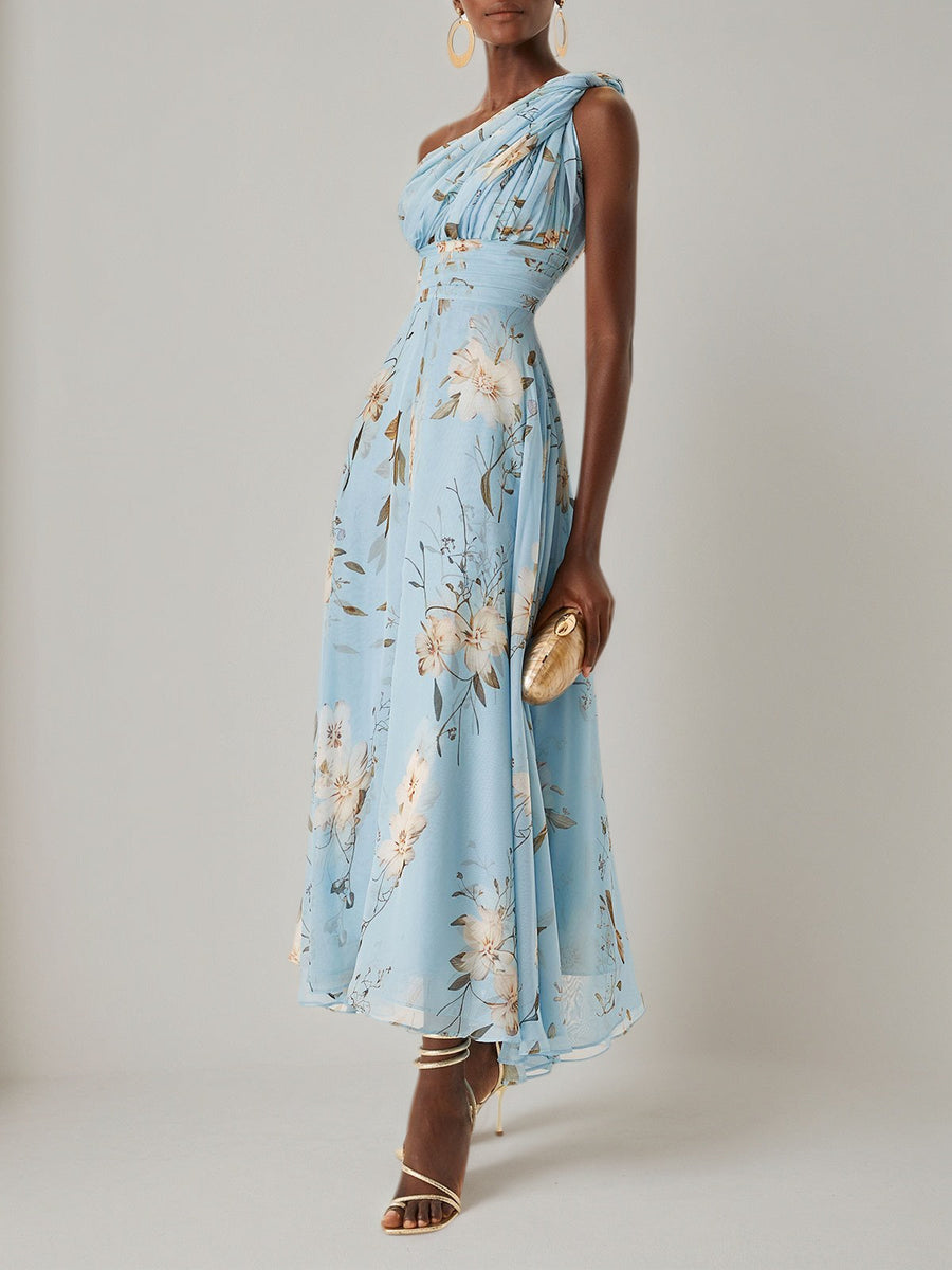 Light Blue Floral Ruched Chiffon One Shoulder Sleeveless A Line Maxi D