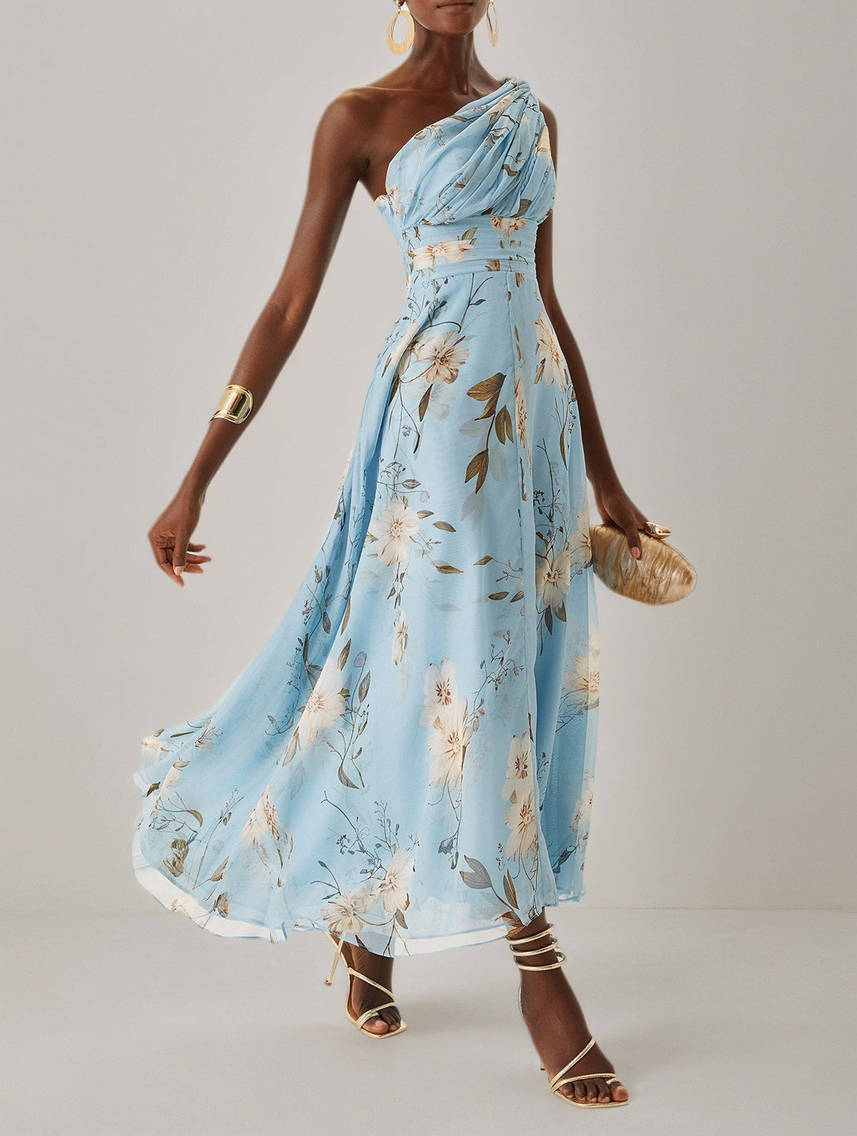 Light Blue Floral Ruched Chiffon One Shoulder Sleeveless A Line Maxi Dress