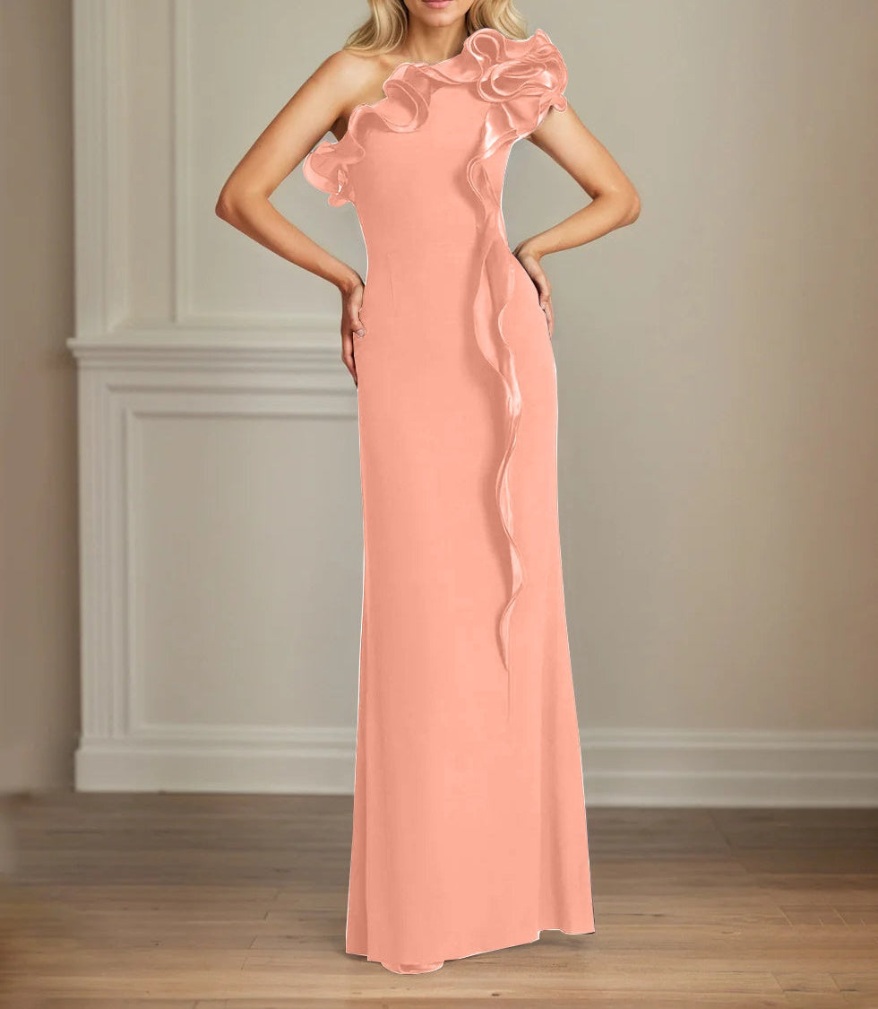 Navy Stretch Crepe Sheath/Column One Shoulder Floor Length Mother of the Bride Dresses With Ruffles