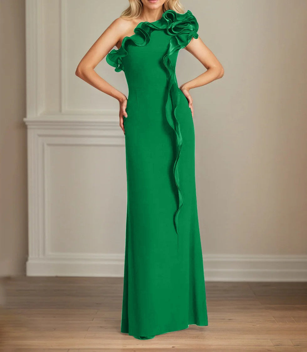 Navy Stretch Crepe Sheath/Column One Shoulder Floor Length Mother of the Bride Dresses With Ruffles
