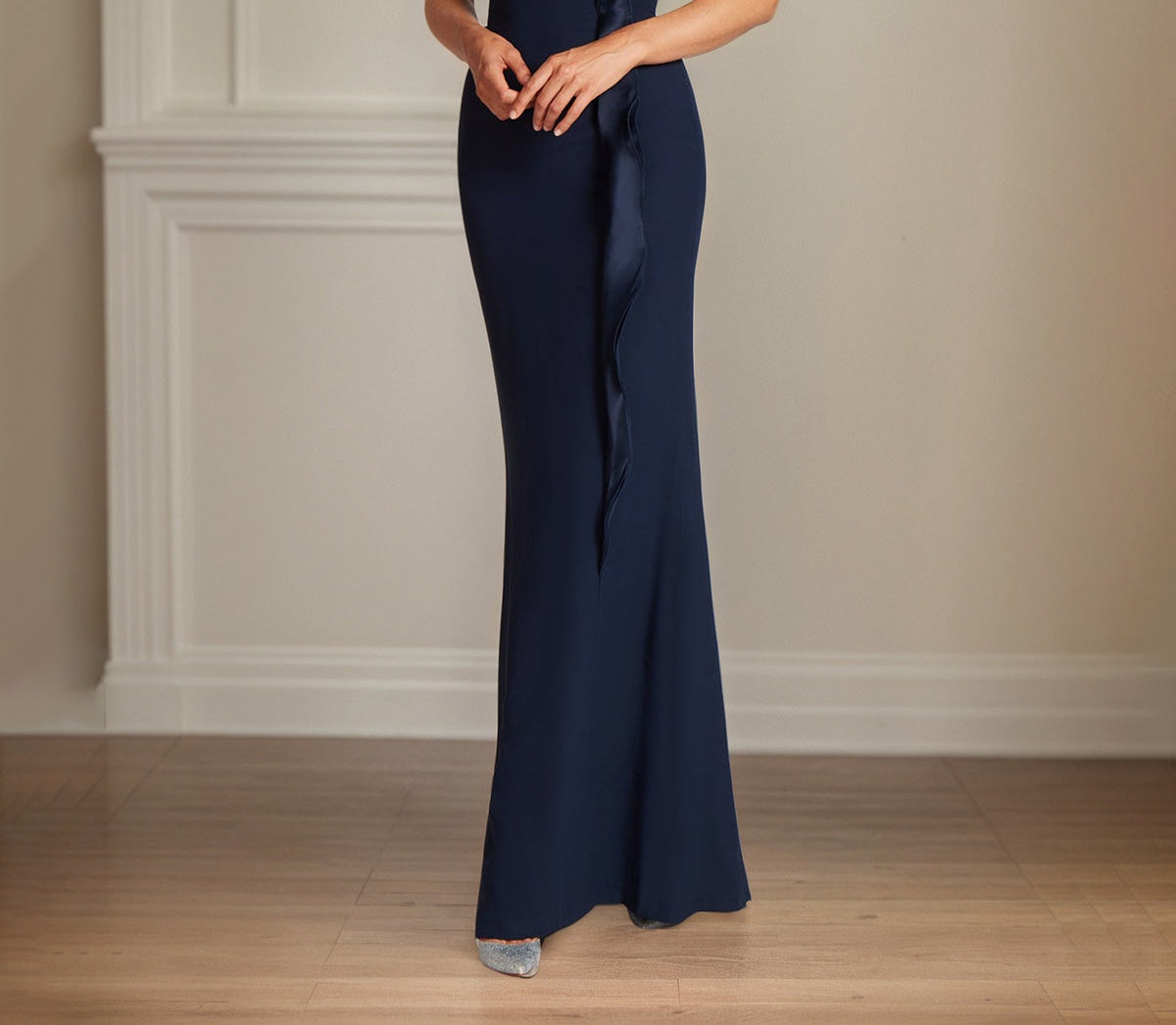 Navy Stretch Crepe Sheath/Column One Shoulder Floor Length Mother of the Bride Dresses With Ruffles