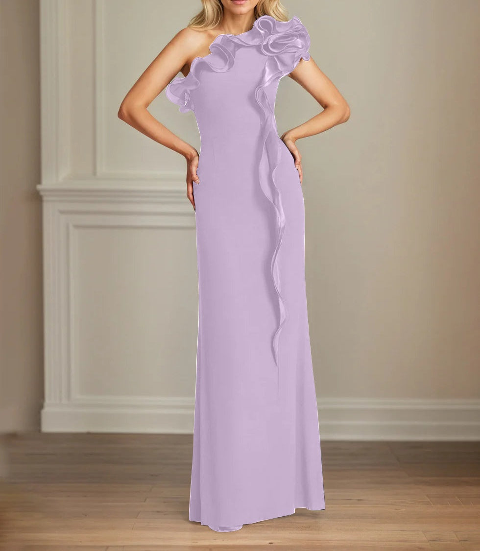 Navy Stretch Crepe Sheath/Column One Shoulder Floor Length Mother of the Bride Dresses With Ruffles
