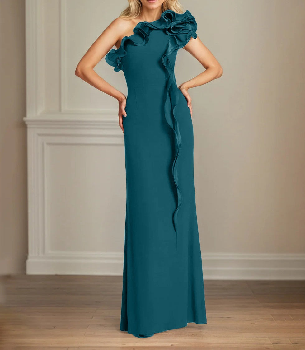 Navy Stretch Crepe Sheath/Column One Shoulder Floor Length Mother of the Bride Dresses With Ruffles