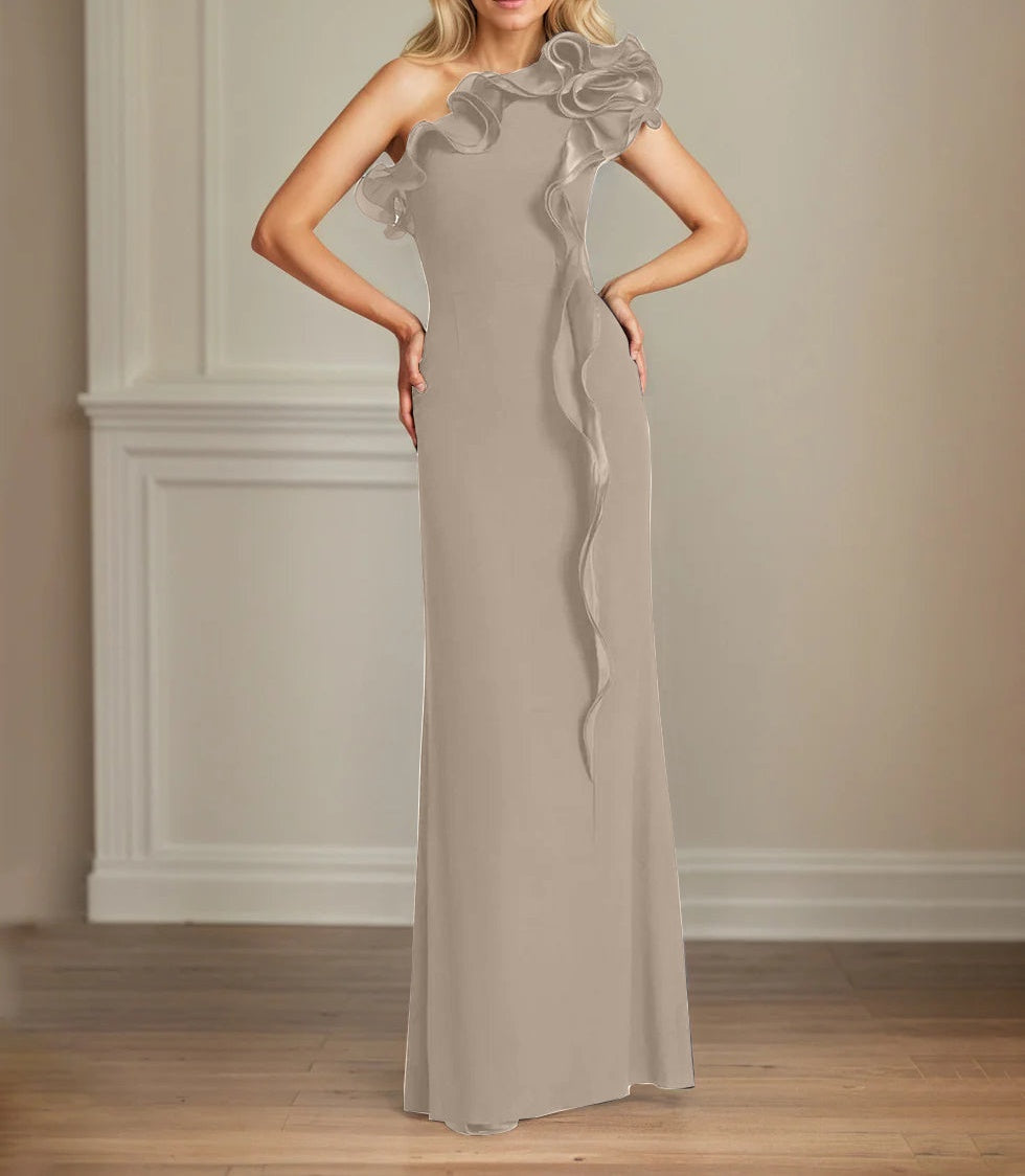 Navy Stretch Crepe Sheath/Column One Shoulder Floor Length Mother of the Bride Dresses With Ruffles