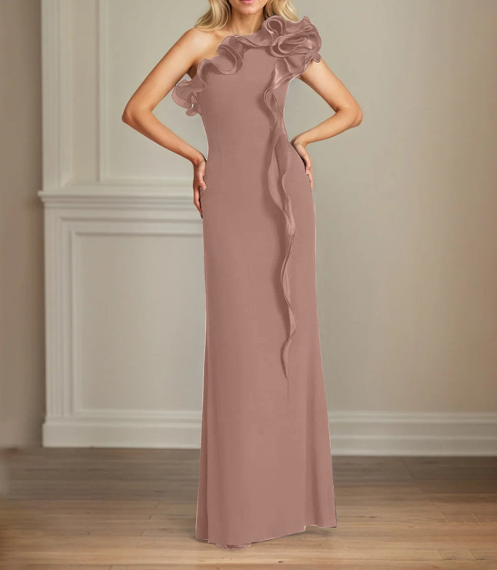 Navy Stretch Crepe Sheath/Column One Shoulder Floor Length Mother of the Bride Dresses With Ruffles