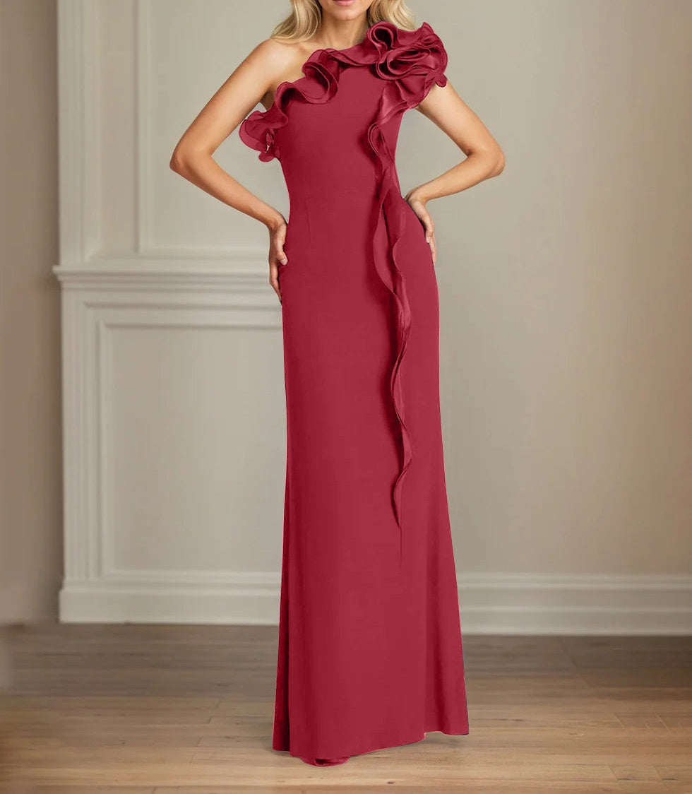 Navy Stretch Crepe Sheath/Column One Shoulder Floor Length Mother of the Bride Dresses With Ruffles