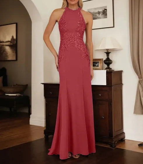 Dusty Blue Sheath Halter Long Mother of Bride Dress With Appliques
