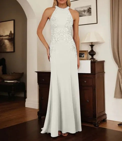 Dusty Blue Sheath Halter Long Mother of Bride Dress With Appliques