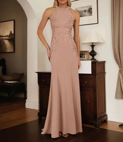Dusty Blue Sheath Halter Long Mother of Bride Dress With Appliques