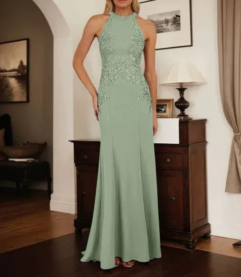 Dusty Blue Sheath Halter Long Mother of Bride Dress With Appliques