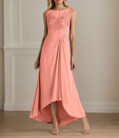 Champagne A-Line Scoop Lace Chiffon Dress
