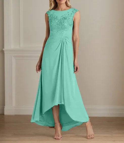 Champagne A-Line Scoop Lace Chiffon Dress