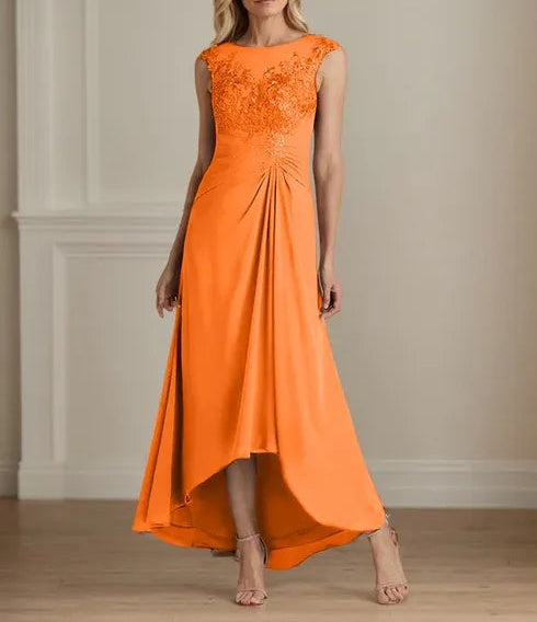 Champagne A-Line Scoop Lace Chiffon Dress