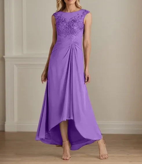 Champagne A-Line Scoop Lace Chiffon Dress