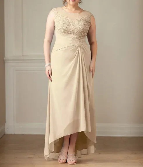 Champagne A-Line Scoop Lace Chiffon Dress