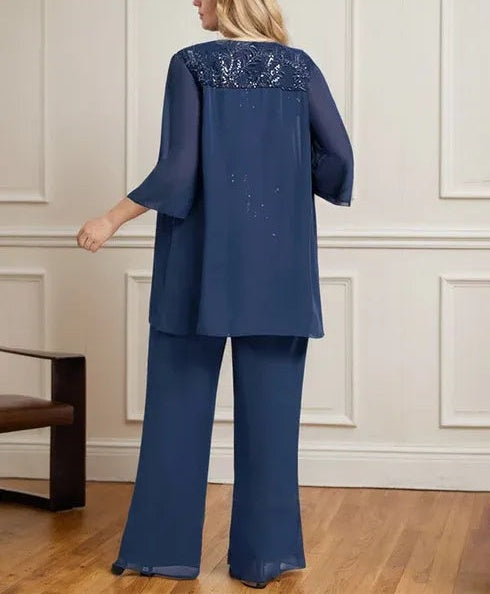 Separates Jumpsuit/Pantsuit Scoop Floor-Length Lace Chiffon Mother of the Bride Dress With Sequins