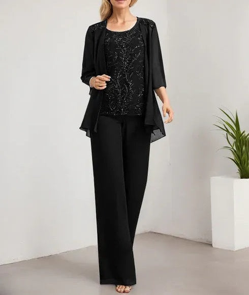 Separates Jumpsuit/Pantsuit Scoop Floor-Length Lace Chiffon Mother of the Bride Dress With Sequins