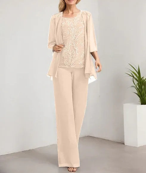 Separates Jumpsuit/Pantsuit Scoop Floor-Length Lace Chiffon Mother of the Bride Dress With Sequins