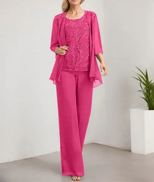 Separates Jumpsuit/Pantsuit Scoop Floor-Length Lace Chiffon Mother of the Bride Dress With Sequins