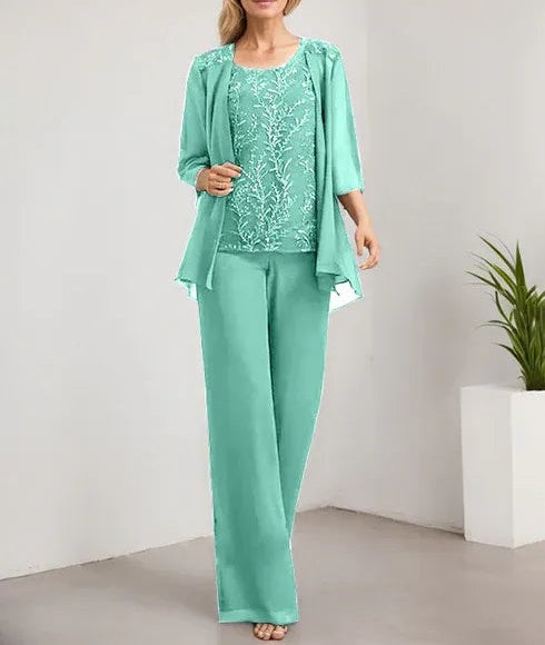 Separates Jumpsuit/Pantsuit Scoop Floor-Length Lace Chiffon Mother of the Bride Dress With Sequins