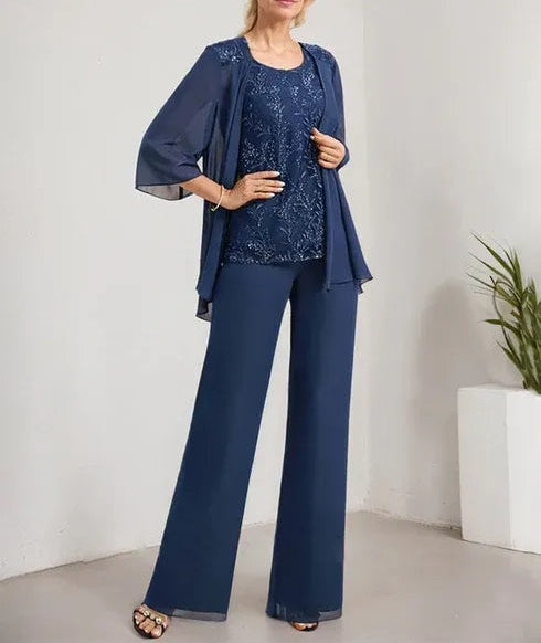 Separates Jumpsuit/Pantsuit Scoop Floor-Length Lace Chiffon Mother of the Bride Dress With Sequins
