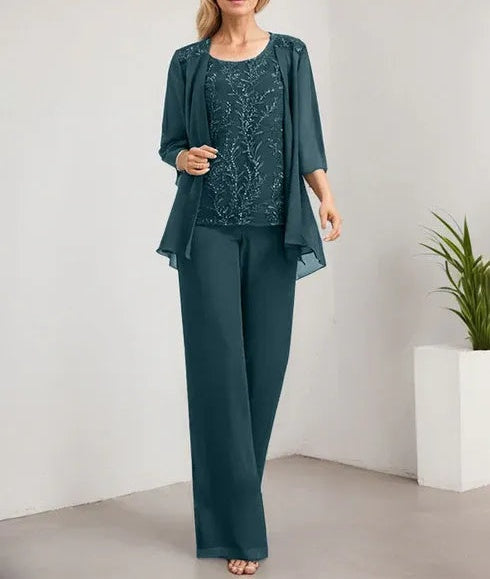Separates Jumpsuit/Pantsuit Scoop Floor-Length Lace Chiffon Mother of the Bride Dress With Sequins