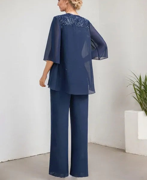 Separates Jumpsuit/Pantsuit Scoop Floor-Length Lace Chiffon Mother of the Bride Dress With Sequins