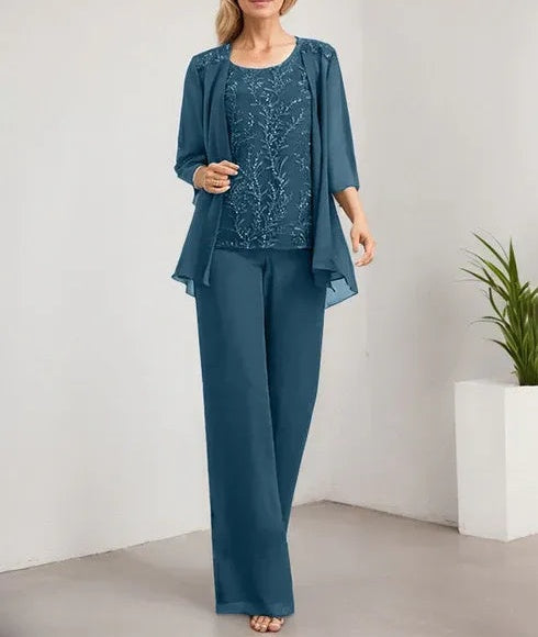 Separates Jumpsuit/Pantsuit Scoop Floor-Length Lace Chiffon Mother of the Bride Dress With Sequins