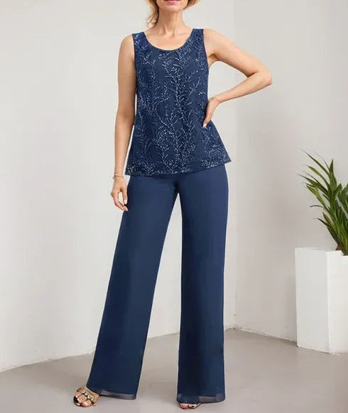 Separates Jumpsuit/Pantsuit Scoop Floor-Length Lace Chiffon Mother of the Bride Dress With Sequins